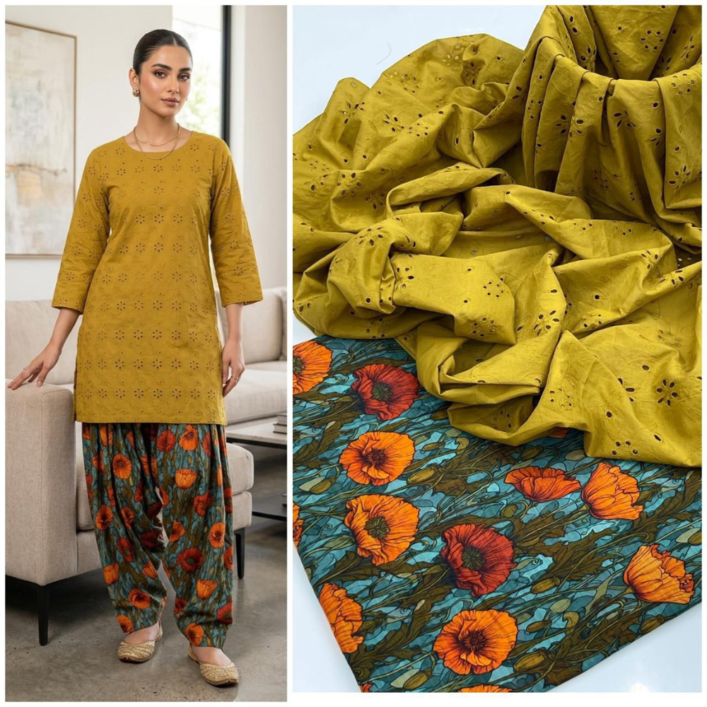 Fashionable Mustard Printed Cotton Two-Piece